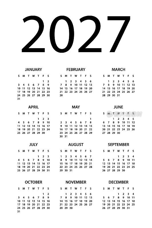 日历2027 -简单布局插图。一周从周日开始。日历设定为2027年